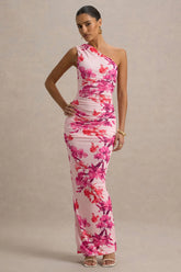 Dalarie | Pink and Orange Floral Print One-Shoulder Gathered Maxi Dress