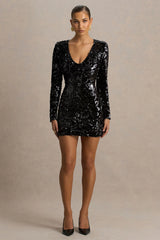 Ritz | Black Sequin Plunge-Neck Mini Dress With Long Sleeves