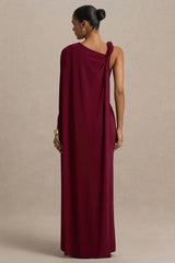 Cressida | Burgundy Asymmetric-Neck Maxi Dress With Cape