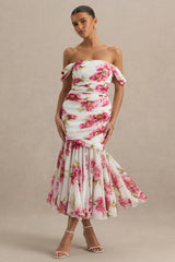 Madelyn | Cream Floral Print Short-Sleeve Bardot Wrap Maxi Dress With Ruching