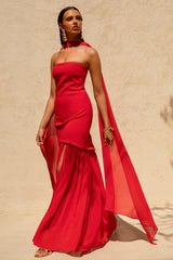 Kylie | Red High-Neck Maxi Dress With Chiffon Skirt