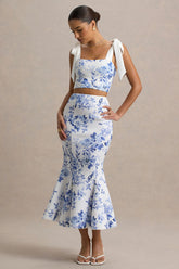 Amadea | Blue Porcelain Print Fishtail Midi Skirt