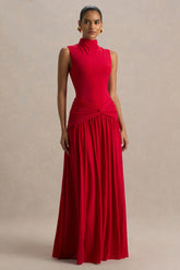 Cascade | Red High-Neck Maxi Dress With Twist Detail