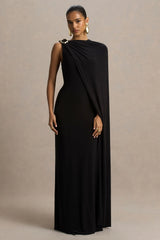 Cressida | Black Asymmetric-Neck Maxi Dress With Cape