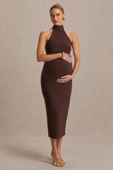 Mireille | Brown Halter-Neck Maternity Midi Dress