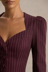 Lana | Burgundy Pinstripe Woven Sweetheart-Neck Tailored Top