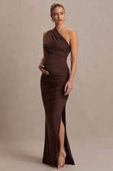 Darcie | Brown Asymmetric-Neck Maternity Maxi Dress