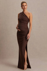 Darcie | Brown Asymmetric-Neck Maternity Maxi Dress