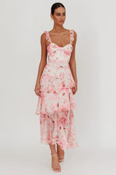 Veda Strappy Back Ruffle Maxi Dress Flowers Blush