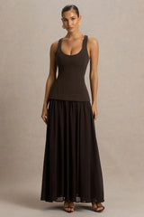 Kelly | Brown Scoop-Neck Maxi Dress With Mesh And Pleated Detailing