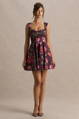 Magic | Burgundy Floral Print Sweetheart-Neck Mini Dress.