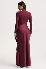 Starred | Burgundy Crew-Neck Maxi Dress With Drop-Waist And Satin Wrap-Skirt