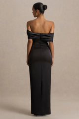 Valeria | Black Satin Twist-Bardot Neck Maxi Dress