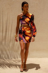 Zen | Smoke Print Linen Asymmetric Mini Dress With Cut-Out Detail