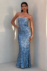 Evabeth | Powder Blue Sequin Strapless Maxi Dress