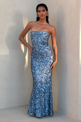 Evabeth | Powder Blue Sequin Strapless Maxi Dress