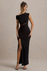 Emily | Black Asymmetric Split Maxi Dress With Mesh Detailing
