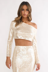 Crystalline Asymmetric Neckline Crop Top Sequin Champagne