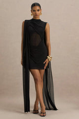 Riad | Black Chiffon Mini Dress With Sheer Bodice Two-Sleeve Cape