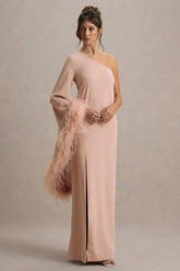 Armina | Blush Pink One-Shoulder Feather-Trim Maxi Dress