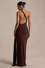 Bonnie | Brown Asymmetric-Neck Maxi Dress With Ruched-Detailing