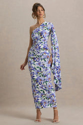 Clementina | Purple Lily Print Asymmetric Cape Sleeve Maxi Dress