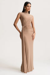 Solene | Brown High-Neck Maxi Dress With Wrap And Drape Detail