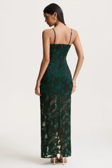 Hada | Dark Green Satin Devore Square-Neck Maxi Dress With Removable Twisted-Cape