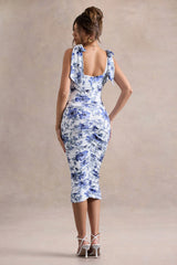 Cordelia | Blue Porcelain Print Bodycon Midi Dress With Bow Straps