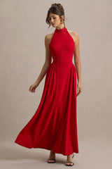 Cynthia | Red High-Neck Maxi Dress With Volume Skirt