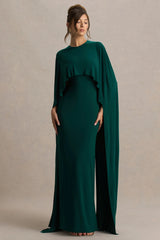 Padma | Bottle Green Draped Maxi Dress With Cape Sleeves