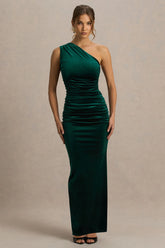 Treat | Bottle Green Velvet Asymmetric-Neck Maxi Dress With Ruched Detailing