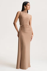 Solene | Brown High-Neck Maxi Dress With Wrap And Drape Detail