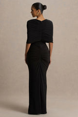 Zinnie | Black Cape-Sleeve Maxi Dress With Mesh Panel