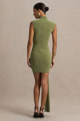 Sorenna | Olive High-Neck Mini-Dress With Wrap And Sash Detail
