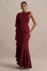 Rosy | Burgundy Satin Boat-Neck Maxi Dress With Front Split And Ruched Detailing