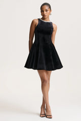 Meva | Black Velvet Hand-Embellished High-Neck Mini Dress