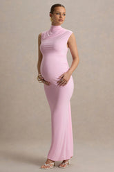 Kienna | Pink Ruched High-Neck Maternity Maxi Dress