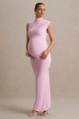 Kienna | Pink Ruched High-Neck Maternity Maxi Dress