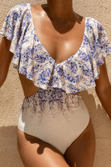 Paros | Wisteria Print Plunge-Neck Ruffled Swimsuit