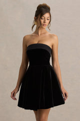 Mina | Black Velvet And Satin Bandeau-Neck Skater Mini Dress
