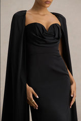 Wren | Black Satin Plunge-Neck Maxi Dress With Cape Sleeves