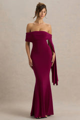Saffina | Burgundy Bardot-Neck Maxi Dress With Sash Detail