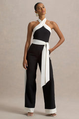 Caterina | Black & White Halter-Neck Wide-Leg Jumpsuit