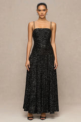 Allora | Black Sequin Bandeau Maxi Dress With Pleated Skirt