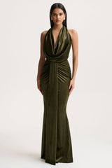 Lavernia | Olive Velvet Halter-Neck Maxi Dress With Gathered-Detailing