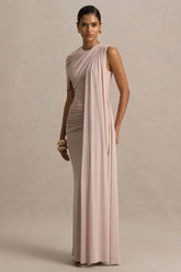 Brenda | Champagne Maxi Dress With Mesh Cape And Sash
