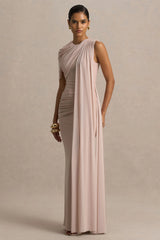 Brenda | Champagne Maxi Dress With Mesh Cape And Sash
