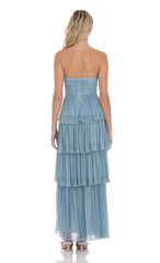 Strapless Shimmer Ruffle Maxi Dress in Blue