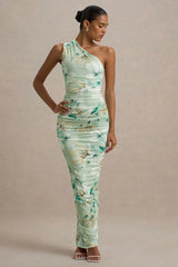 Dalarie | Green Floral Print One-Shoulder Gathered Maxi Dress